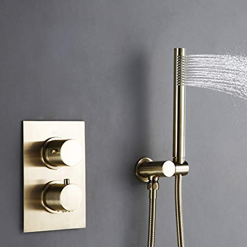 Shower System, Wall Mounted Thermostatic Control Mixing Valve Brushed Gold Taps Set with 8-12 Inch Round Rainfall Head and Handheld Shower, Luxury Se,10 inch