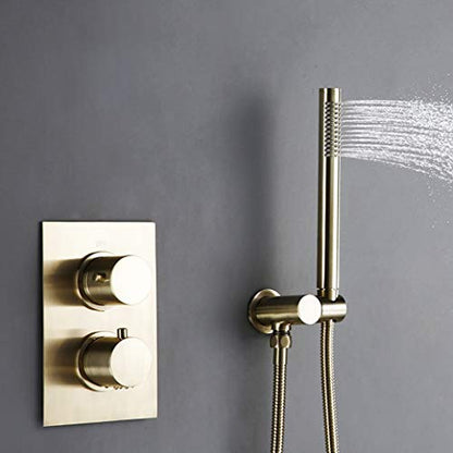 Shower System, Wall Mounted Thermostatic Control Mixing Valve Brushed Gold Taps Set with 8-12 Inch Round Rainfall Head and Handheld Shower, Luxury Se,10 inch