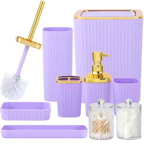 9 PCS Purple Bathroom Accessories Set with Trash Can Bathroom Accessory | All-in-One Kit with Trash Can,Toothbrush Holder,Soap Dispenser,Toothbrush Cup,Vanity Tray,Soap Dish,Toilet Brush etc for Home - color: Purple