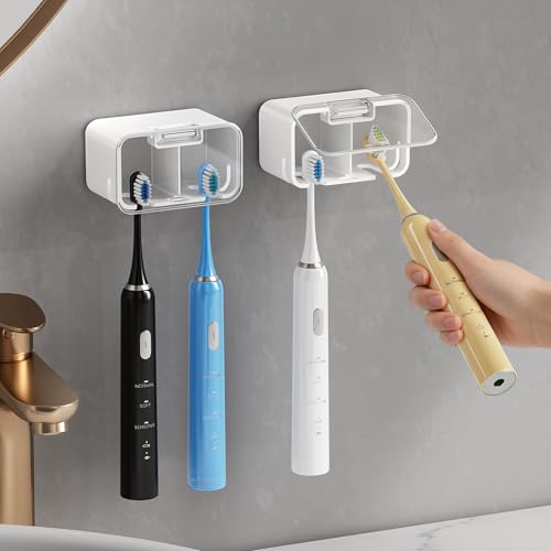 MOPMS Toothbrush Holders for Bathrooms with 2 Slot Independent Compartment | 2PCS Electric Toothbrush Holder Wall Mounted for Shower, Toothbrush Dispenser Storage Organizer with Cover for Family - color: Clear