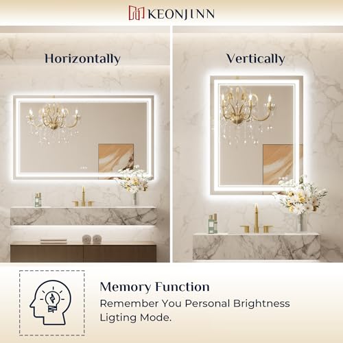 Keonjinn 36" x 36" LED Bathroom Mirror with Lights, HD Tempered Glass | Frontlit and Backlit, Separately Frontlit/Backlit, Double Light Strips, Stepless 3 Colors Light & Dimmable, Fast Defogging - size: 36"L x 36"W