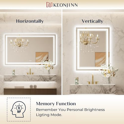 Keonjinn 36" x 36" LED Bathroom Mirror with Lights, HD Tempered Glass | Frontlit and Backlit, Separately Frontlit/Backlit, Double Light Strips, Stepless 3 Colors Light & Dimmable, Fast Defogging - size: 36"L x 36"W