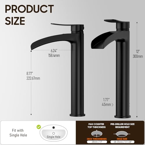 Phiestina Matte Black Tall Bathroom Vessel Sink Faucet, Waterfall Single Hole Single Handle Above Countertop Sink Bathroom Faucet, with Metal Pop Up Drain and Water Supply Lines, NS-SF01-MB-V - color: Matte Black, style: 1 pack