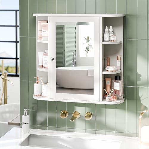Bathroom Medicine Cabinet, Bathroom Mirror Cabinet Wall Mounted with 6 Side Open Shelves, White Wall Cabinet with Mirror, White - color: White
