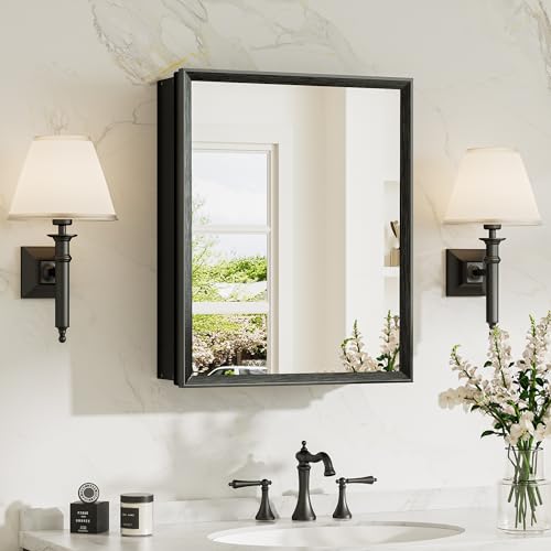 16 x 20 Recessed Medicine Cabinet with Mirror, Assembly Required, Black Bathroom Medicine Cabinet with Mirror, Stepless Adjustable Shelves, Beveled Aluminum Frame, DTC Hinge - color: Black, size: 16x20 in