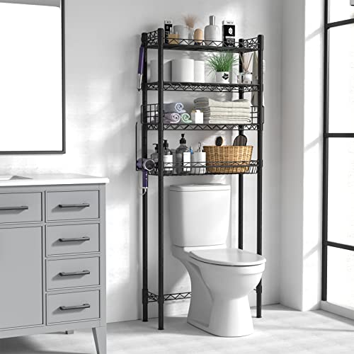 Hodonas Over Toilet Bathroom Organizer, Black, 26.97" x 9.84" x 67.32" | Carbon Steel, 4 Tiers, Adjustable, Freestanding, Sturdy and Stable, Easy to Assemble, Space Saver for Bathroom Storage - color: Black-4 Tier