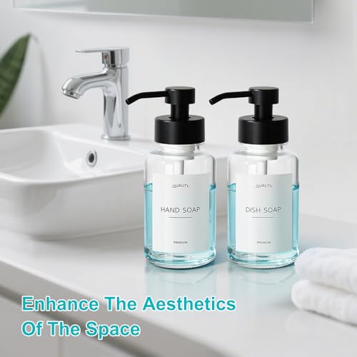 Foaming Hand Soap Dispenser, 14.1 oz/400ml Foaming Soap Dispenser, 2 Pack Glass Foaming Dispenser for Bathroom & Kitchen, Clear Refillable Liquid Dispenser Bottle with Waterproof Labels - color: Clear Bottle+black Pump