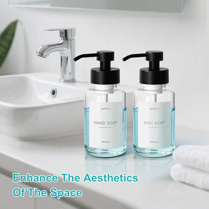Foaming Hand Soap Dispenser, 14.1 oz/400ml Foaming Soap Dispenser, 2 Pack Glass Foaming Dispenser for Bathroom & Kitchen, Clear Refillable Liquid Dispenser Bottle with Waterproof Labels - color: Clear Bottle+black Pump