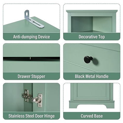 Green Corner Cabinet, 69" Tall Bathroom Storage Cabinet with 3 Drawers & Adjustable Shelves, Triangle Freestanding Linen Tower Pantry Organizer for Small Spaces Kitchen Living Room