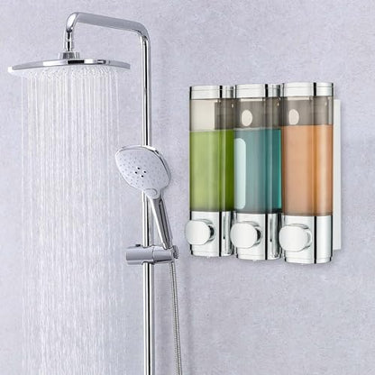 Pollock Shampoo and Conditioner Dispenser Wall Mounted | Shower Soap Dispenser 2 Chamber No Drill, Shampoo Dispenser for Shower, Body Wash Dispenser for Bathroom, Large Capacity - color: Silver Dg3 Chamber
