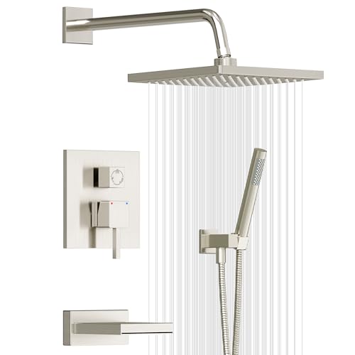 Esnbia Shower System with Tub Spout, Wall Mounted Bathtub Shower Faucet Set, 10 Inch Rain Shower Head and Handheld Shower Head Set, High Pressure Tub Shower Kit with Shower Valve, Brushed Nickel - color: Brushed Nickel