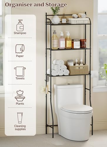 3-Tier Over The Toilet Storage, Bathroom Organizer, Space-Saving, Above Toilet Storage Rack with 4 Hooks and Paper Holder, Metal Shelf, Black - size: 3 Tier-Black