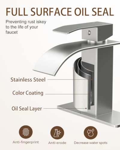 Waterfall Single Handle Bathroom Faucet with Drain Brushed Nickel | Brushed Nickel Vanity Faucet with Pop-up Drain, Ceramic Valve, for 1 or 3 Hole Modern Bathrooms. - color: Brushed Nickel x 2