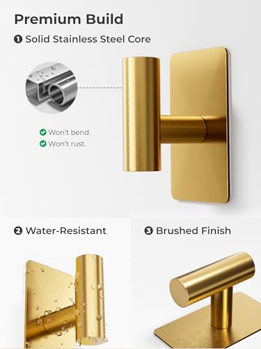 GWAAZXGZ Wall Towel Hooks, Heavy Duty Adhesive Hooks(Gold, 2 Pack) | Self-Adhesive, Stainless Steel, Rust Resistant, No Drill, Easy Install, Space Saving - color: Gold, size: 2 Pack