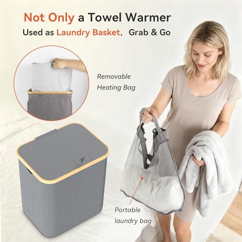 Towel Warmer & Laundry Basket 2-in-1, Foldable Towel Warmer for Bathroom with Removable Heating Bag, 20/40/60Mins Fast Heating, Auto Shut-Off, Fits 3 Large Towels Blankets, Ideal Xmas Gift - color: Grey