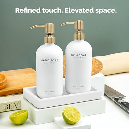 Vine Creations Glass Soap Dispenser Set, Kitchen Soap Dispenser Set with Ceramic Tray, 16 oz Dish Soap and Hand Soap Dispenser Set with Stainless Steel Pump Decor (White Bottle/Brushed Brass) - color: White Bottle / Brushed Brass Pump