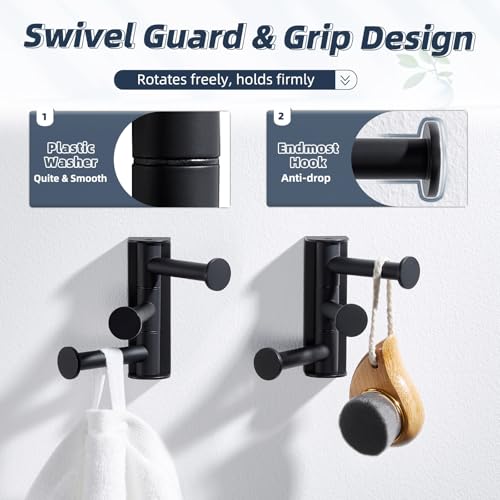 Matte Black 3-Arm Swivel Towel Hooks, 2 Pack, 304 Stainless Steel | Rustproof Rotating Wall Hooks for Bathroom Kitchen Closet, Heavy Duty 11 lbs, Smooth 180° Rotatable & Foldable, Wall Mounted - color: Matte Black, size: 2 Pack