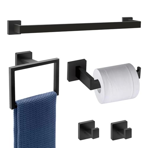 Dorudon Atrox 5-Piece Bathroom Hardware Set - Black Towel Bar Set with 2 Towel Hooks, Stainless Steel Wall Mounted Bathroom Towel Rack - Square, 16-Inch - color: Matte Black, size: 16 IN