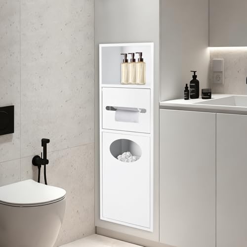 Stainless Steel Shower Niche, 7.9" X 5.3" X 24.8" Recessed Shower Storage Cabinet, 44.09 Lbs Load-Bearing Capacity Wall-Mounted Tissue Paper Roll Rack Dispenser with Trash Can (White) - color: White