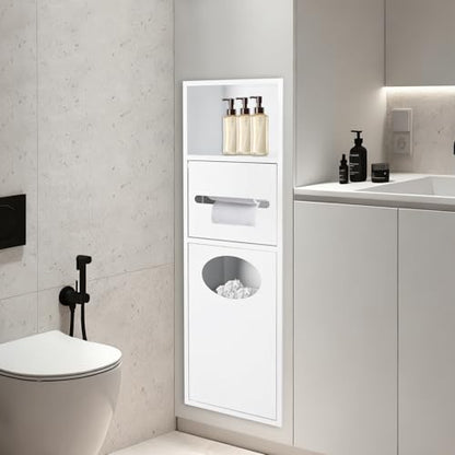 Stainless Steel Shower Niche, 7.9" X 5.3" X 24.8" Recessed Shower Storage Cabinet, 44.09 Lbs Load-Bearing Capacity Wall-Mounted Tissue Paper Roll Rack Dispenser with Trash Can (White) - color: White