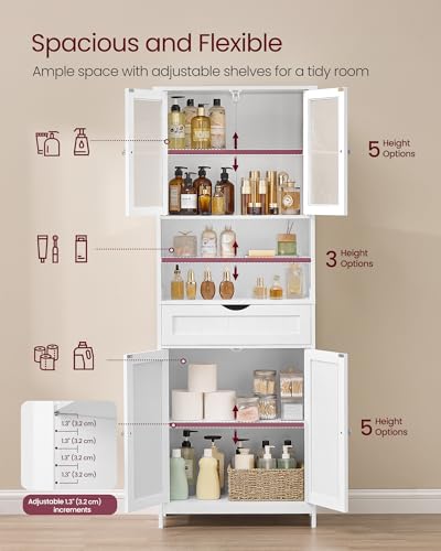 VASAGLE Storage Cabinet, Freestanding Storage Unit with Adjustable Shelves, Drawer, Open Compartments, for Bathroom, Living Room, Kitchen, Cloud White UBBC768WH01S - size: 11.8"D x 23.6"W x 69.9"H, style: 4 Doors + 2 Open Compartments