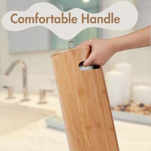 Gobam Bamboo Toilet Paper Storage with Dual-Use Lid, Freestanding Bathroom Tissue Organizer with Viewing Slot, Built-In Handle, Anti-Slip Base, Compact Toilet Paper Holder Stand for up to 3 Mega Rolls - size: 3 Roll - Round