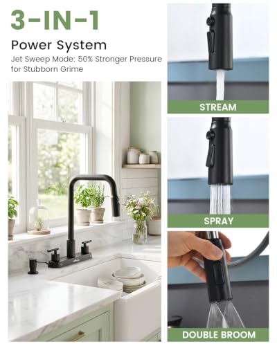 APPASO 4 Hole Kitchen Faucet Matte Black, Dual Handle with Soap Dispenser | Black Kitchen Faucet with Pull Down Sprayer, Square Neck Stainless Steel, Fit for 3 or 4 Holes Standard Sinks, Spot Resist - color: 2-Black