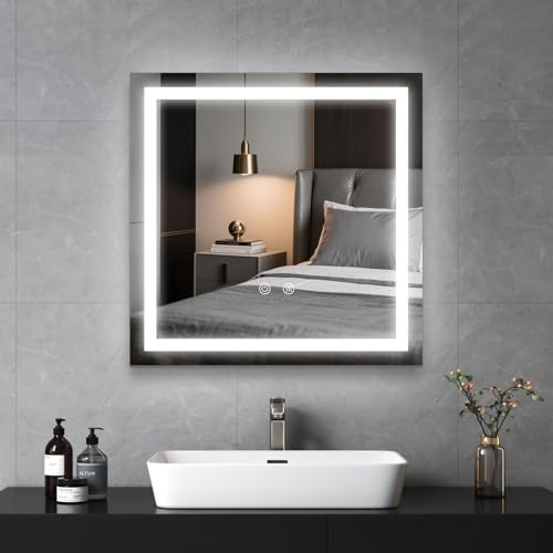LED Lighted Bathroom Mirror with Anti-Fog, Square Wall Mounted Vanity Mirror with Smart Touch Button, Memory Function, Adjustable Warm White/Natural/Daylight Lights(24x24 inches) - size: 24"L x 24.1"W