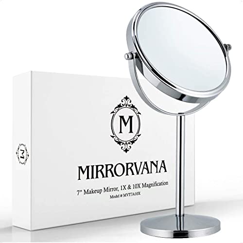 MIRRORVANA Double Sided 10X/1X Magnifying Mirror, 7" x 14" (Chrome) | Makeup Mirror on Round Stand for Table, Bedroom Vanity Desk & Bathroom Counter - Free Standing Vanity Mirror for Beauty Care - color: Chrome