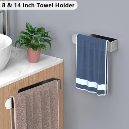 HUFEEOH Adhesive Hand Towel Holder, 8 Inch Sticky Towel Bar and 14 Inch Towel Holder Wall Mounted, Stainless Steel Kitchen Towel Holder Hand Towel Rack for Bahtroom Hotel RV Kitchen (Silver-8"&14”) - color: Silver, size: 2PC (8 Inch + 14 Inch)