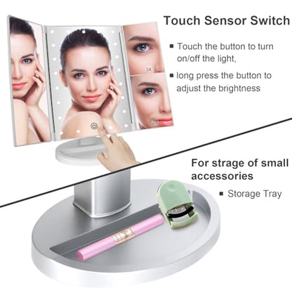 Dresser Mount Tri-Fold Lighted Vanity Mirror with 21 LED Lights, Touch Screen and 3X/2X/1X Magnification, Two Power Supply Modes Make Up Mirror,Travel Mirror - color: Silver