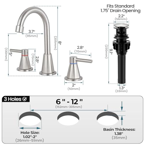 8 Inch Bathroom Faucet 3 Hole Nickel 2 Handle Bathroom Sink Faucet | Stainless Steel, 360° Swivel Spout, Widespread 2 Handle, Includes Pop-Up Drain,Water Supply Lines,Brushed Nickel - color: Brushed Nickel