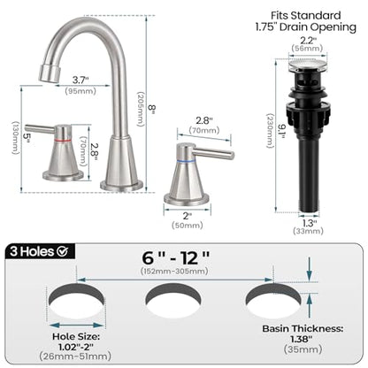 8 Inch Bathroom Faucet 3 Hole Nickel 2 Handle Bathroom Sink Faucet | Stainless Steel, 360° Swivel Spout, Widespread 2 Handle, Includes Pop-Up Drain,Water Supply Lines,Brushed Nickel - color: Brushed Nickel