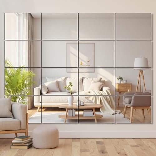 Home Gym Mirror Tiles, 16x12'', 16-Piece, Large Square Workout Mirrors | Full Body Wall Mirror, For Garage, Bedroom, Bathroom - size: 16''x12''-16PCS