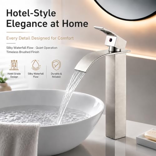 VOTON Vessel Sink Faucet Brushed Nickel Modern Tall Waterfall Bathroom Sink Faucet with Pop-Up Drain Single Handle Bathroom Faucet 1 Hole Bowl Lavatory Vanity Faucet, Rv Sink Camper Farmhouse Faucet - color: Brushed Nickel, size: Tall