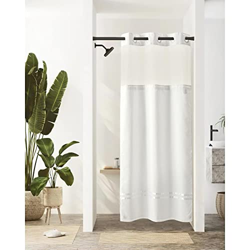 River Dream Stall Shower Curtain with Snap in Liner,No Hooks Needed Shower Curtain for Bathroom,Hotel Grade,Machine Washable,36" W×74" H,White,with White Stripe and Magnets - color: White Stripe, size: 36"W x 74"L (Pack of 1)