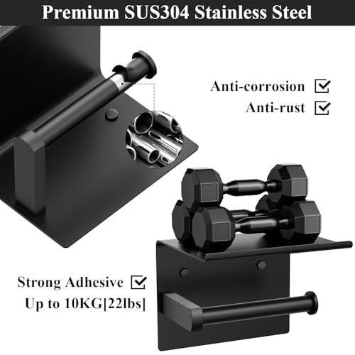 Tindbea Mega Size Toilet Paper Holder with Shelf + Towel Robe Hooks, Adhesive or Screw Wall Mounted Toilet Paper Roll Holder, Stainless Steel Bathroom Hardware Set (Matte Black)… - color: Matte Black, size: Large