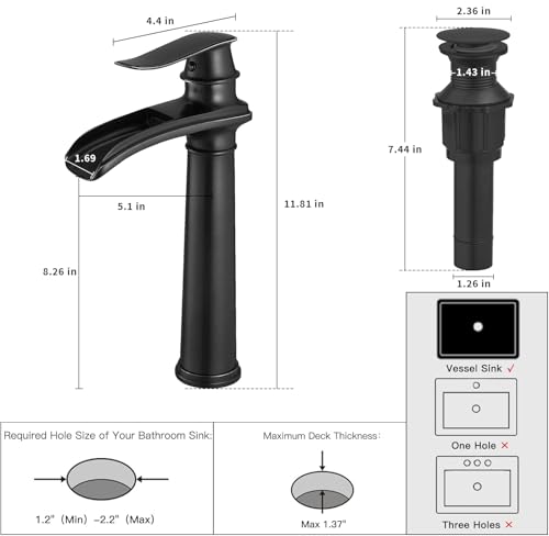 BWE Vessel Sink Faucet Waterfall Matte Black Bathroom Faucets Single Hole | Single Handle Bathroom Sink Faucet Tall Vessel Brass Faucet with Pop Up Drain and Water Supply Line,Solid Brass - color: Matte Black, size: 11.81 inch Vessel Version