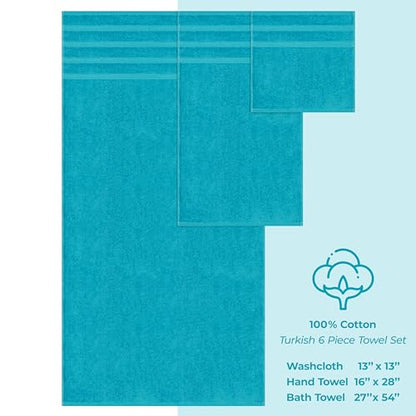 American Soft Linen 100% Cotton Luxury Turkish Towels, 6 Piece Towel Set | Soft Absorbent Quick Dry OEKO Tex Standard 100 Certificated Durable Machine Washable Premium Hotel Quality - color: Aqua Blue, size: (27"x54") + (16"x28") + (13"x13")