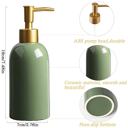 2Pack Ceramic Soap Dispenser Green with Gold Pump,Modern Design Cylindrical Lotion Dispenser Bottle,Refillable Liquid Hand Soap Dispenser for Kitchen,Bathroom,Washroom - color: 2pcs Green