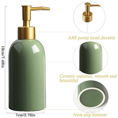 2Pack Ceramic Soap Dispenser Green with Gold Pump,Modern Design Cylindrical Lotion Dispenser Bottle,Refillable Liquid Hand Soap Dispenser for Kitchen,Bathroom,Washroom - color: 2pcs Green