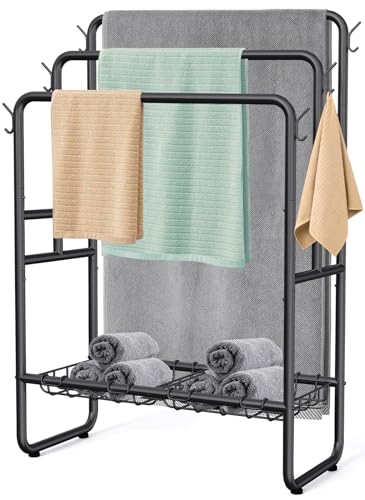 Kayfia 40'' Freestanding 3 Tier Metal Towel Rack, 2 Baskets & 6 Hooks | Dual-Use Drying & Display Rack, Holds Oversized Bath Towels & Blankets, fits Indoor, Bathroom, Bedroom & Outdoor, Black - color: Black