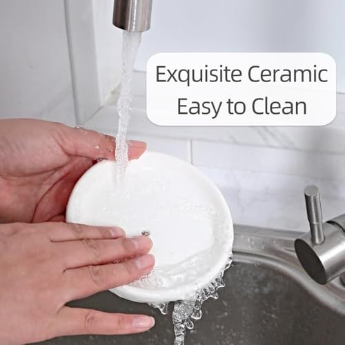 Round Self Draining Soap Dish, Small Ceramic Tray, Cute Jewelry Dish, Keep Soap Dry & Bathroom Décor (White) - color: White