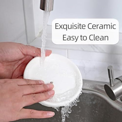 Round Self Draining Soap Dish, Small Ceramic Tray, Cute Jewelry Dish, Keep Soap Dry & Bathroom Décor (White) - color: White