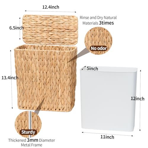 Coeusy 3 Gallon Wicker Trash Can,Small Bathroom Trash Can with Lid,Natural Water Hyacinth Wicker Waste Basket for Bedroom,Toilet,Narrow Garbage Can with Removable Liner - color: Water hyacinth