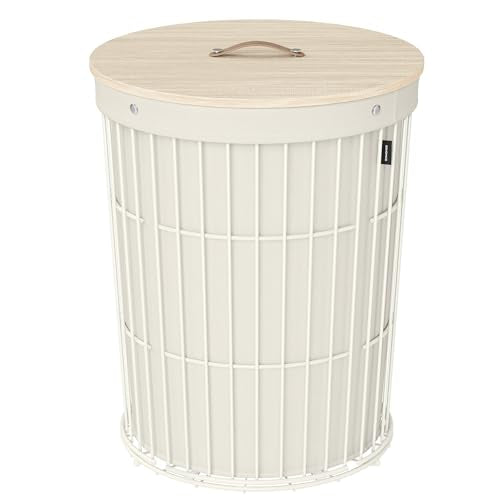 SONGMICS Laundry Hamper with Lid, Round, 25 Gallons (95 L) | Laundry Basket, Versatile, Large Capacity, Removable Fabric Liner, Cream, STOUT Collection ULCB160W01