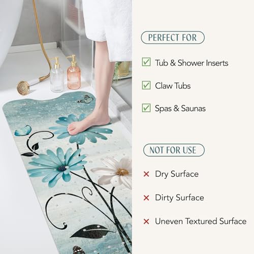 SHUCHING Turquoise Bath Mat for Tub Non Slip-40x16 Inch, Flower | Bathtub Mat for Elderly& Women Mold Free, Long Shower Mat for Inside Shower with Suction Cup, Machine Washable - color: Rustic Daisy