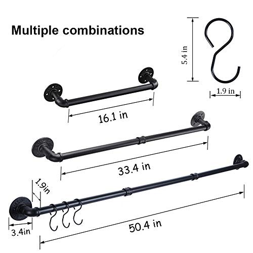 Industrial Pipe Towel Bar Rack, 50.4 Inch Black Towel Rod with 3 Hooks, Wall Mount Bath Towel Rack Holder, Rustic Bathroom Hardware Towel Bar Accessory - size: 50.4 inches