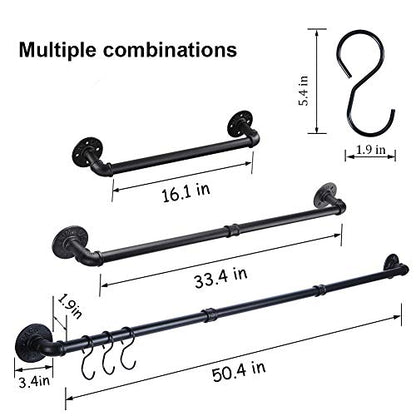 Industrial Pipe Towel Bar Rack, 50.4 Inch Black Towel Rod with 3 Hooks, Wall Mount Bath Towel Rack Holder, Rustic Bathroom Hardware Towel Bar Accessory - size: 50.4 inches