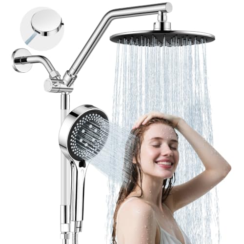 Shower Head with Handheld High Pressure Chrome, Adjustable Bar | No drilling required, Height-Adjustable, 9-inch rainfall head, silicone slide bar, 3-waydiverter, 59-inch hose, G1/2 fit - color: 1-Chrome